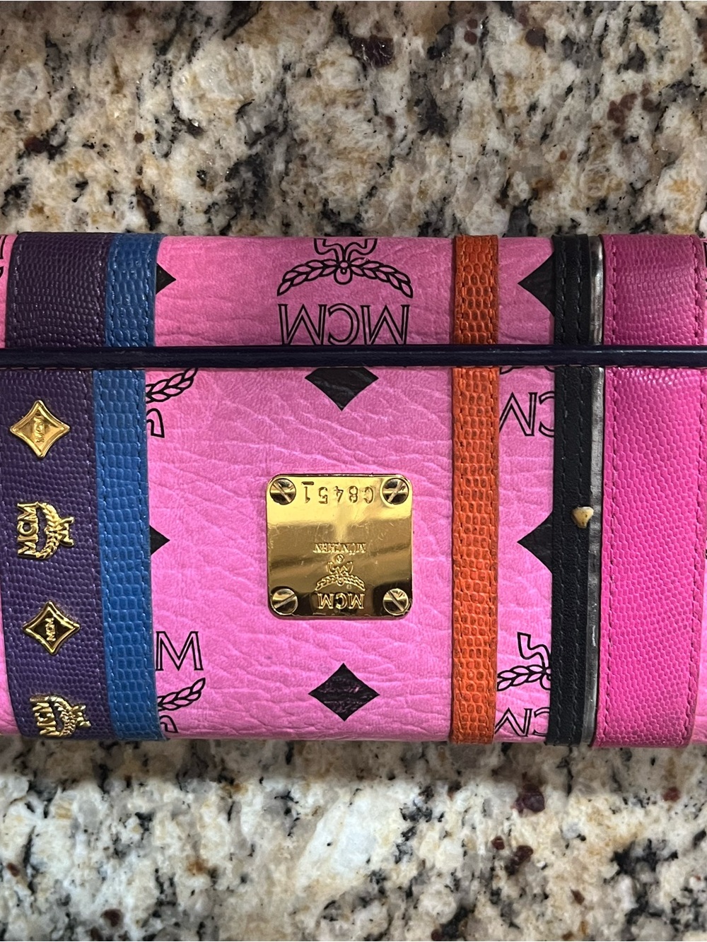 MCM Pink Leather Wallet with Multicolor Stripe Accents